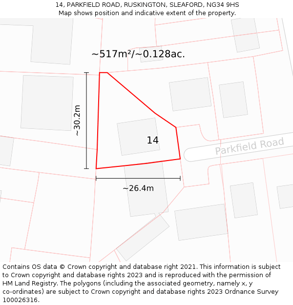 14, PARKFIELD ROAD, RUSKINGTON, SLEAFORD, NG34 9HS: Plot and title map