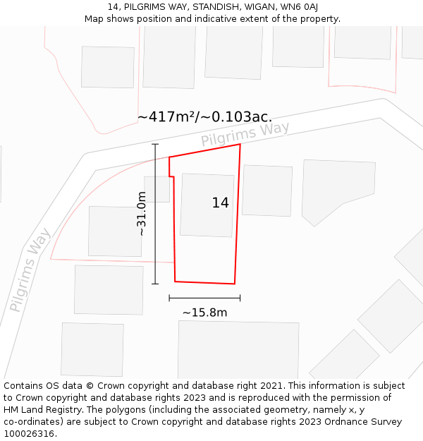 14, PILGRIMS WAY, STANDISH, WIGAN, WN6 0AJ: Plot and title map