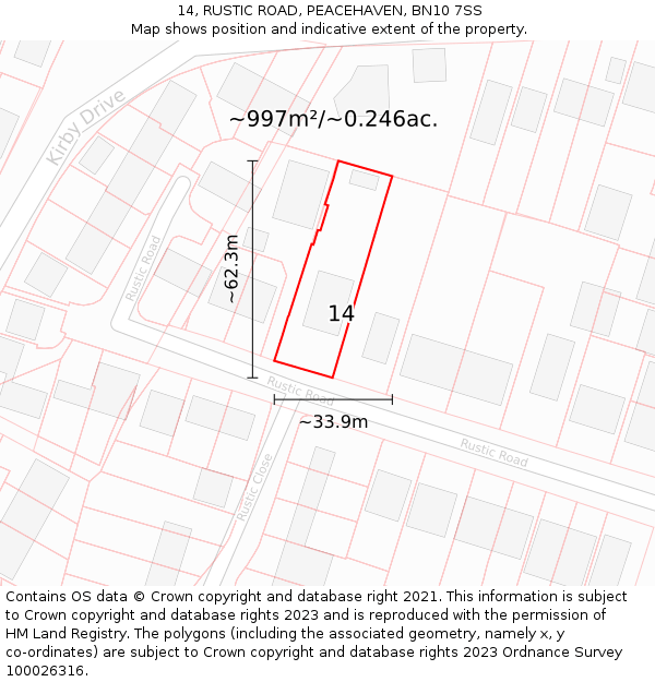 14, RUSTIC ROAD, PEACEHAVEN, BN10 7SS: Plot and title map
