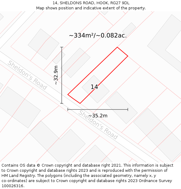 14, SHELDONS ROAD, HOOK, RG27 9DL: Plot and title map