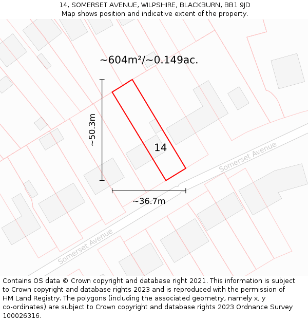 14, SOMERSET AVENUE, WILPSHIRE, BLACKBURN, BB1 9JD: Plot and title map