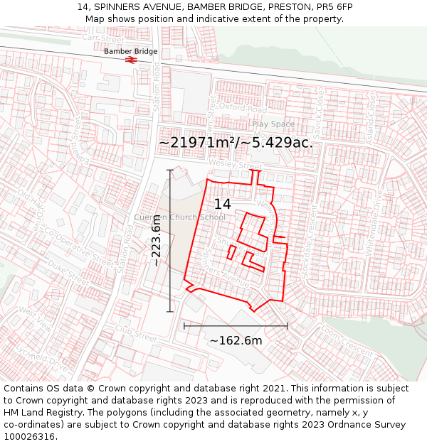 14, SPINNERS AVENUE, BAMBER BRIDGE, PRESTON, PR5 6FP: Plot and title map