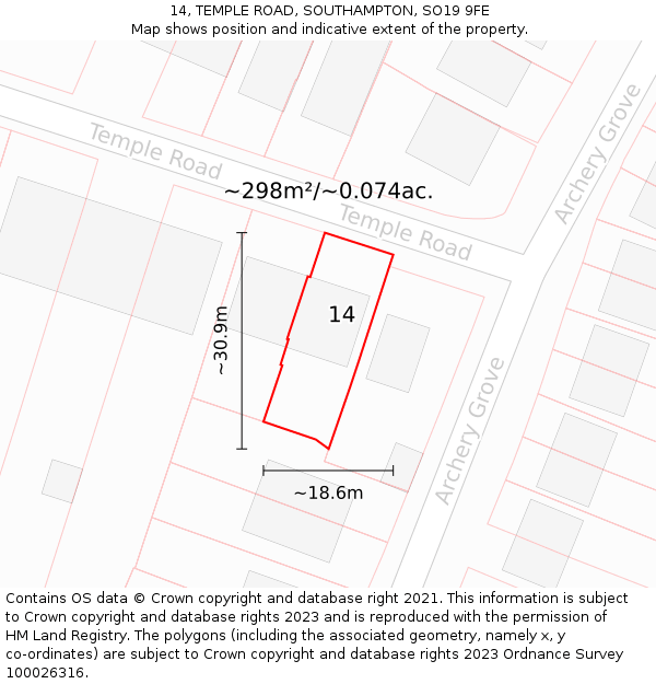 14, TEMPLE ROAD, SOUTHAMPTON, SO19 9FE: Plot and title map