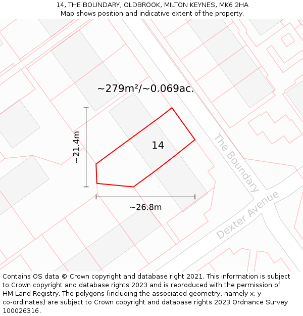 14, THE BOUNDARY, OLDBROOK, MILTON KEYNES, MK6 2HA: Plot and title map