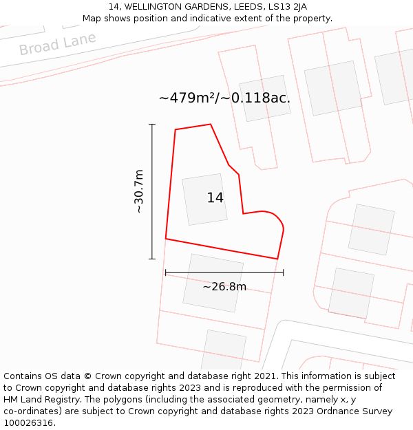 14, WELLINGTON GARDENS, LEEDS, LS13 2JA: Plot and title map
