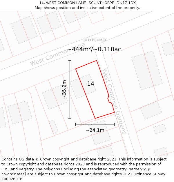 14, WEST COMMON LANE, SCUNTHORPE, DN17 1DX: Plot and title map