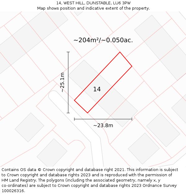 14, WEST HILL, DUNSTABLE, LU6 3PW: Plot and title map