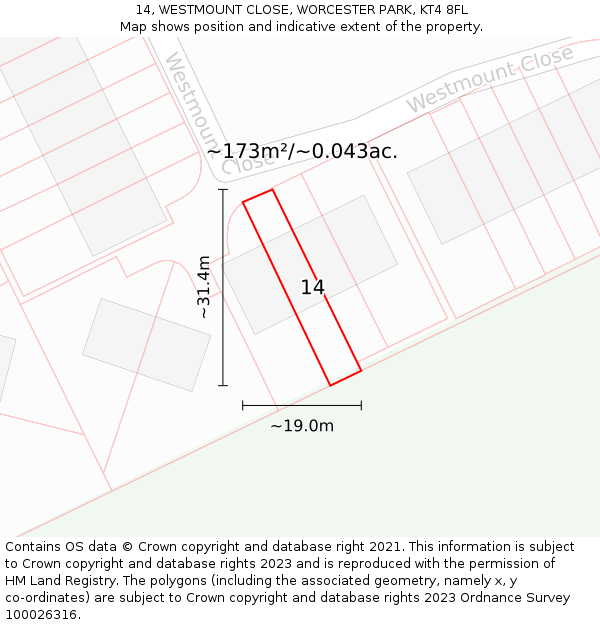 14, WESTMOUNT CLOSE, WORCESTER PARK, KT4 8FL: Plot and title map