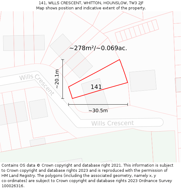 141, WILLS CRESCENT, WHITTON, HOUNSLOW, TW3 2JF: Plot and title map
