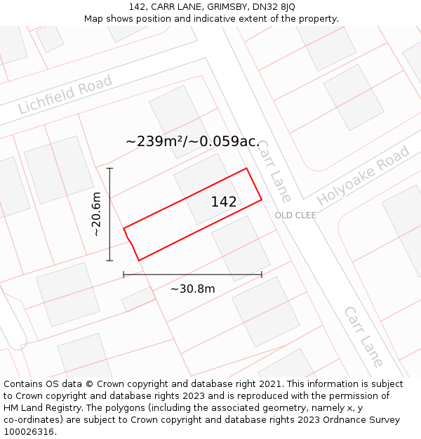 142, CARR LANE, GRIMSBY, DN32 8JQ: Plot and title map