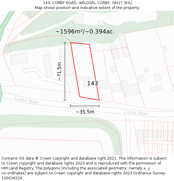 143, CORBY ROAD, WELDON, CORBY, NN17 3HU: Plot and title map