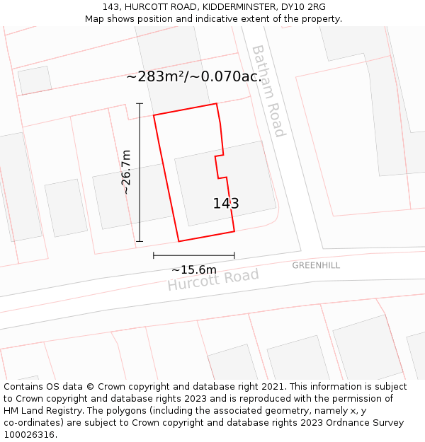 143, HURCOTT ROAD, KIDDERMINSTER, DY10 2RG: Plot and title map