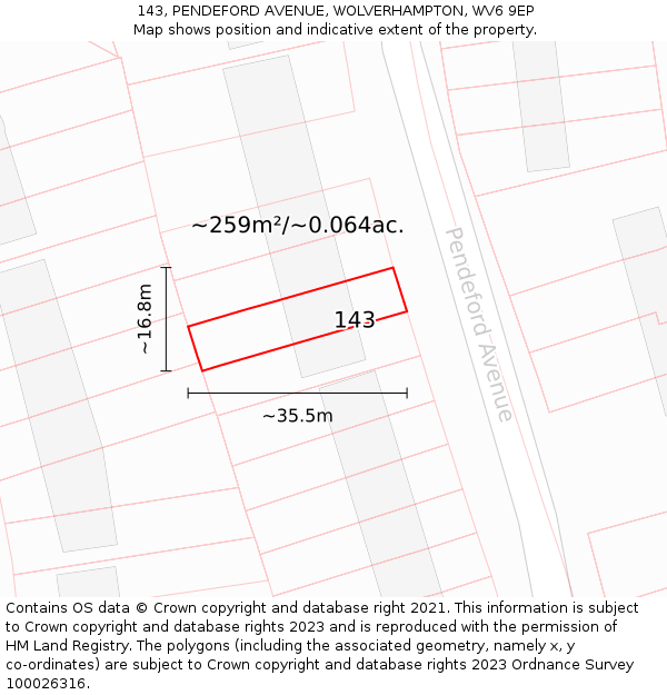 143, PENDEFORD AVENUE, WOLVERHAMPTON, WV6 9EP: Plot and title map