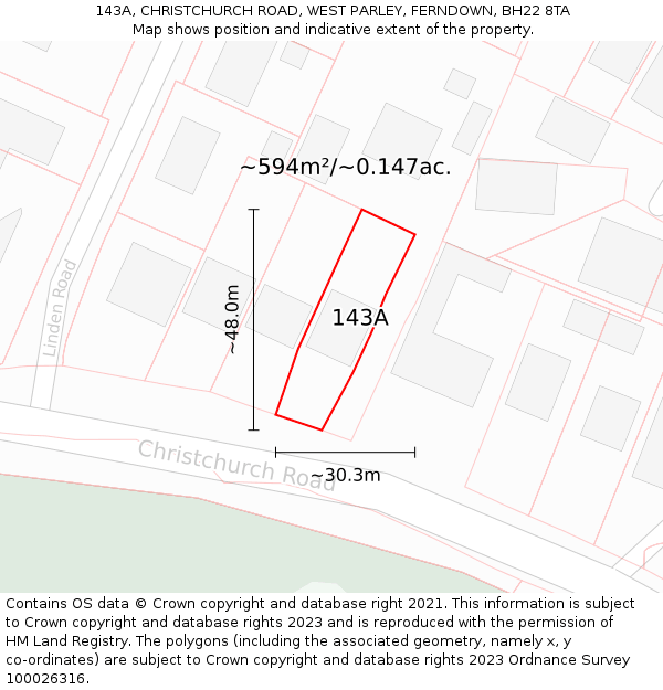 143A, CHRISTCHURCH ROAD, WEST PARLEY, FERNDOWN, BH22 8TA: Plot and title map