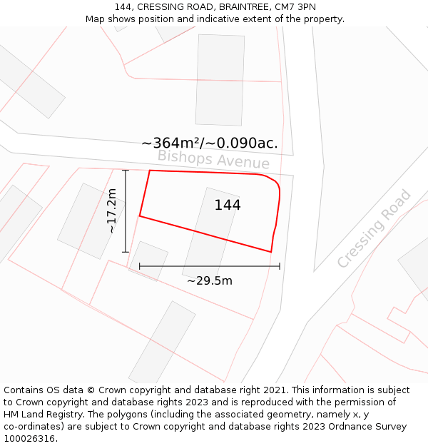 144, CRESSING ROAD, BRAINTREE, CM7 3PN: Plot and title map