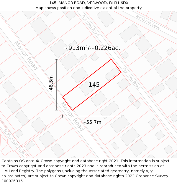 145, MANOR ROAD, VERWOOD, BH31 6DX: Plot and title map