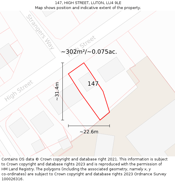 147, HIGH STREET, LUTON, LU4 9LE: Plot and title map