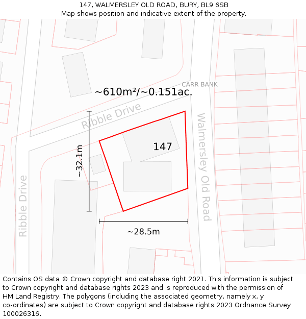 147, WALMERSLEY OLD ROAD, BURY, BL9 6SB: Plot and title map