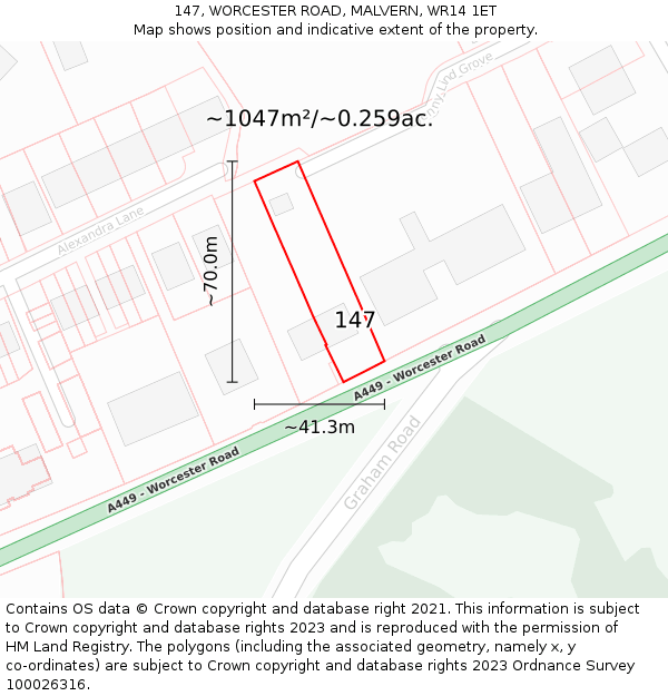 147, WORCESTER ROAD, MALVERN, WR14 1ET: Plot and title map