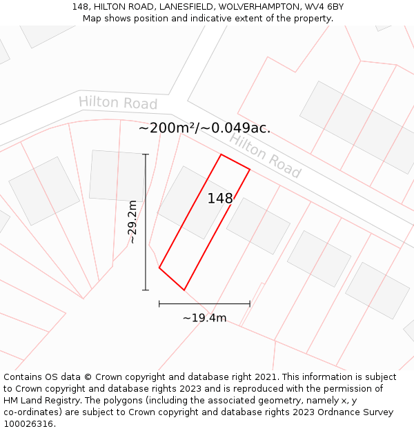 148, HILTON ROAD, LANESFIELD, WOLVERHAMPTON, WV4 6BY: Plot and title map