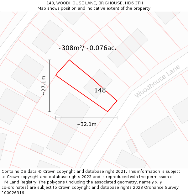148, WOODHOUSE LANE, BRIGHOUSE, HD6 3TH: Plot and title map