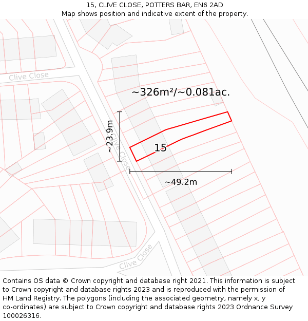 15, CLIVE CLOSE, POTTERS BAR, EN6 2AD: Plot and title map