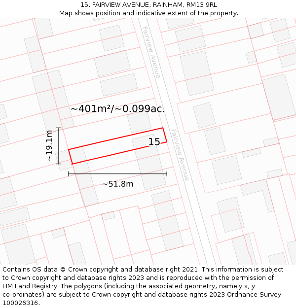 15, FAIRVIEW AVENUE, RAINHAM, RM13 9RL: Plot and title map
