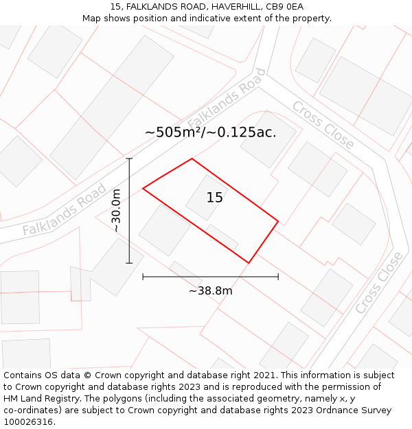 15, FALKLANDS ROAD, HAVERHILL, CB9 0EA: Plot and title map