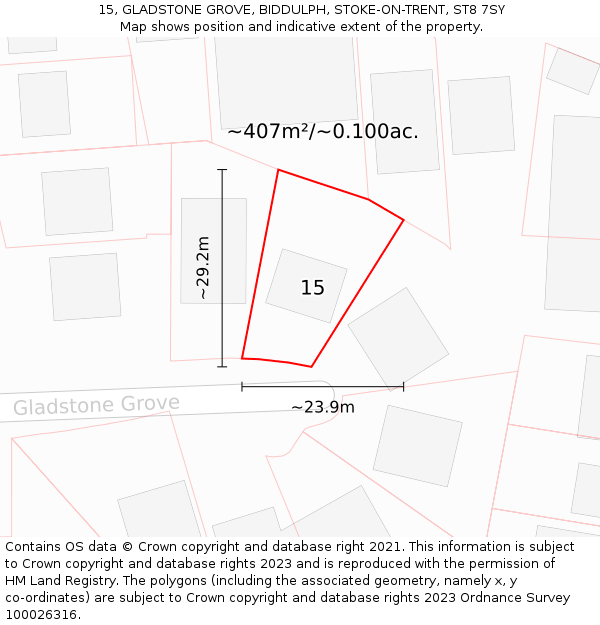 15, GLADSTONE GROVE, BIDDULPH, STOKE-ON-TRENT, ST8 7SY: Plot and title map