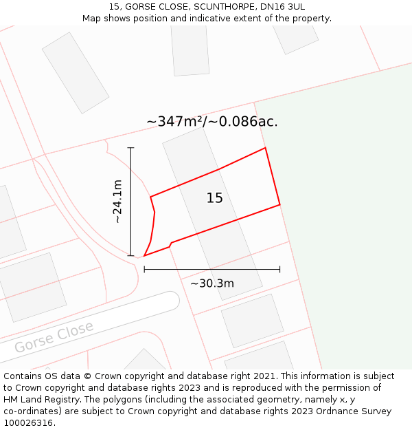 15, GORSE CLOSE, SCUNTHORPE, DN16 3UL: Plot and title map