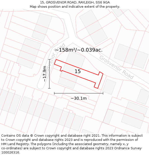 15, GROSVENOR ROAD, RAYLEIGH, SS6 9GA: Plot and title map