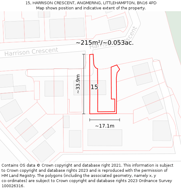 15, HARRISON CRESCENT, ANGMERING, LITTLEHAMPTON, BN16 4PD: Plot and title map
