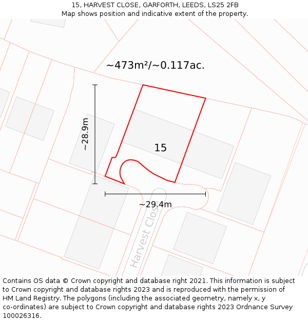 15, HARVEST CLOSE, GARFORTH, LEEDS, LS25 2FB: Plot and title map