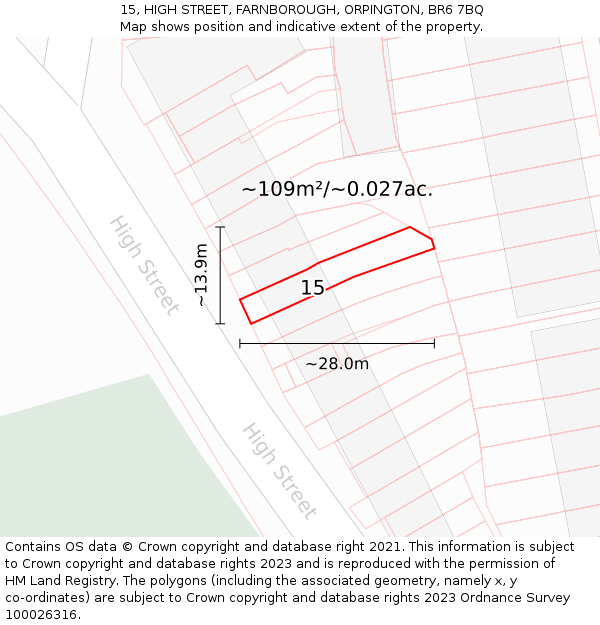 15, HIGH STREET, FARNBOROUGH, ORPINGTON, BR6 7BQ: Plot and title map