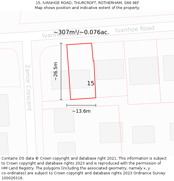 15, IVANHOE ROAD, THURCROFT, ROTHERHAM, S66 9EF: Plot and title map