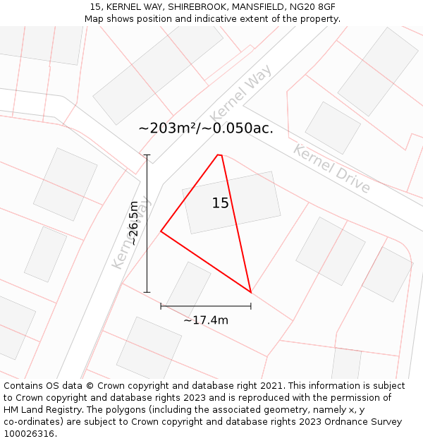 15, KERNEL WAY, SHIREBROOK, MANSFIELD, NG20 8GF: Plot and title map