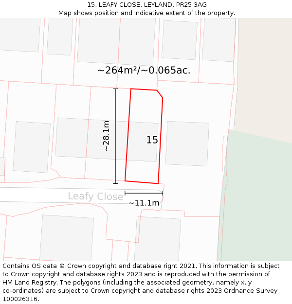 15, LEAFY CLOSE, LEYLAND, PR25 3AG: Plot and title map