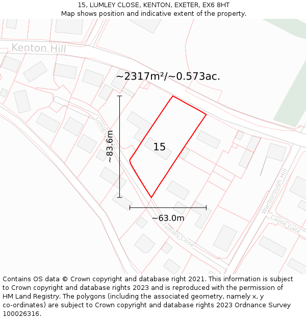 15, LUMLEY CLOSE, KENTON, EXETER, EX6 8HT: Plot and title map