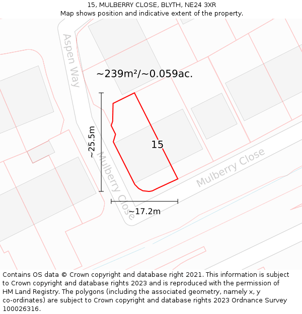 15, MULBERRY CLOSE, BLYTH, NE24 3XR: Plot and title map