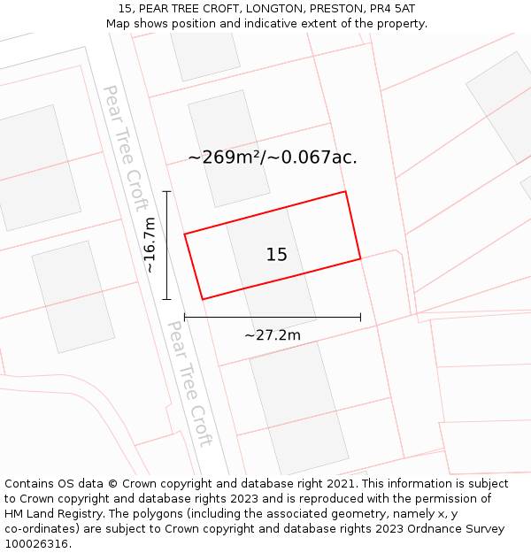 15, PEAR TREE CROFT, LONGTON, PRESTON, PR4 5AT: Plot and title map