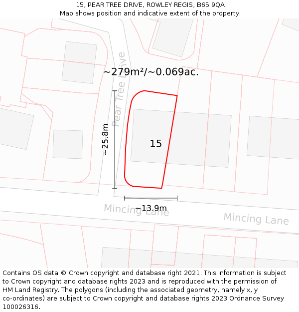 15, PEAR TREE DRIVE, ROWLEY REGIS, B65 9QA: Plot and title map