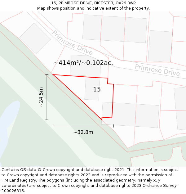 15, PRIMROSE DRIVE, BICESTER, OX26 3WP: Plot and title map