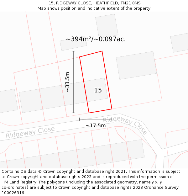 15, RIDGEWAY CLOSE, HEATHFIELD, TN21 8NS: Plot and title map
