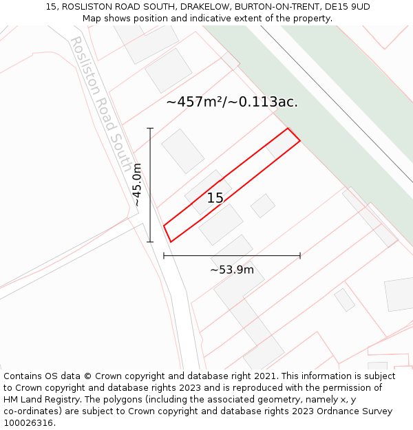 15, ROSLISTON ROAD SOUTH, DRAKELOW, BURTON-ON-TRENT, DE15 9UD: Plot and title map