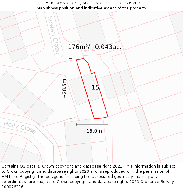 15, ROWAN CLOSE, SUTTON COLDFIELD, B76 2PB: Plot and title map