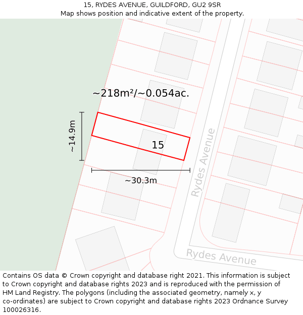 15, RYDES AVENUE, GUILDFORD, GU2 9SR: Plot and title map