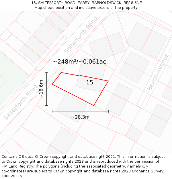 15, SALTERFORTH ROAD, EARBY, BARNOLDSWICK, BB18 6NE: Plot and title map