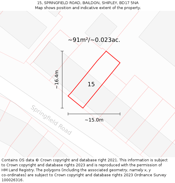 15, SPRINGFIELD ROAD, BAILDON, SHIPLEY, BD17 5NA: Plot and title map