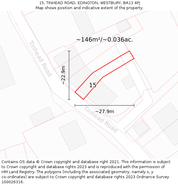 15, TINHEAD ROAD, EDINGTON, WESTBURY, BA13 4PJ: Plot and title map