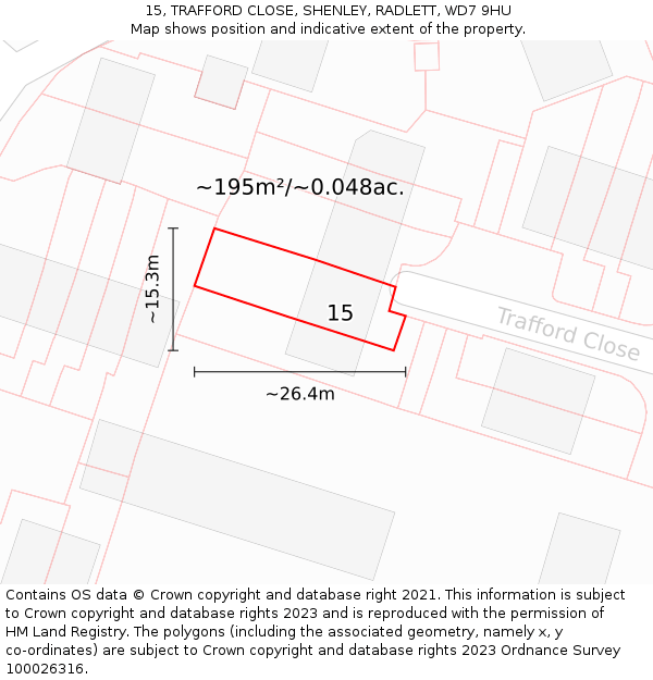 15, TRAFFORD CLOSE, SHENLEY, RADLETT, WD7 9HU: Plot and title map